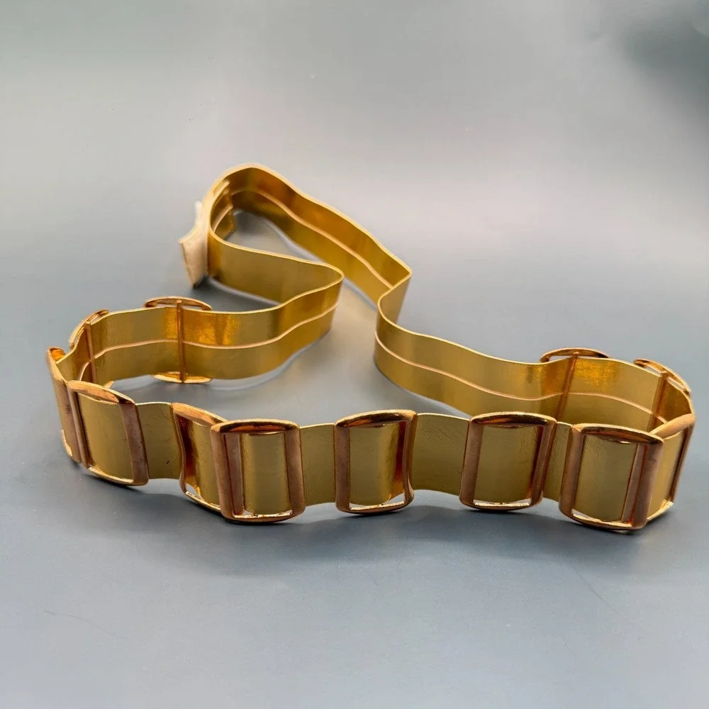 Gold Tone Wide Waist Belt Rectangular Accents Statement Vintage Retro Costume